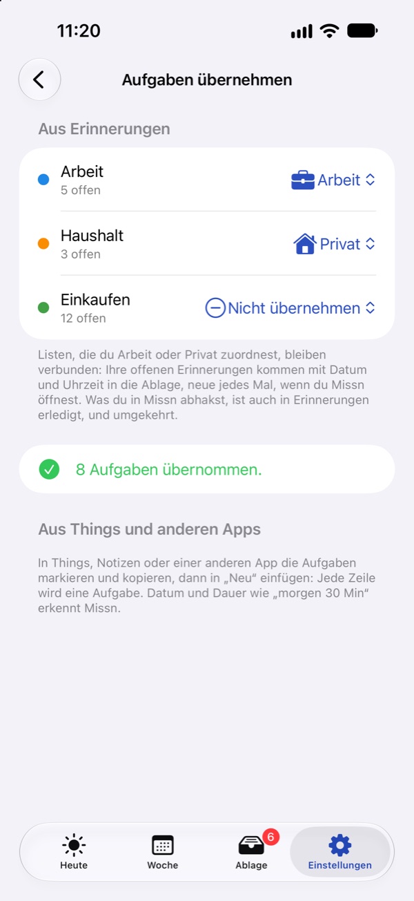 Aufgaben übernehmen in Missn: Listen aus Apple Erinnerungen bekommen die Rolle Arbeit oder Privat