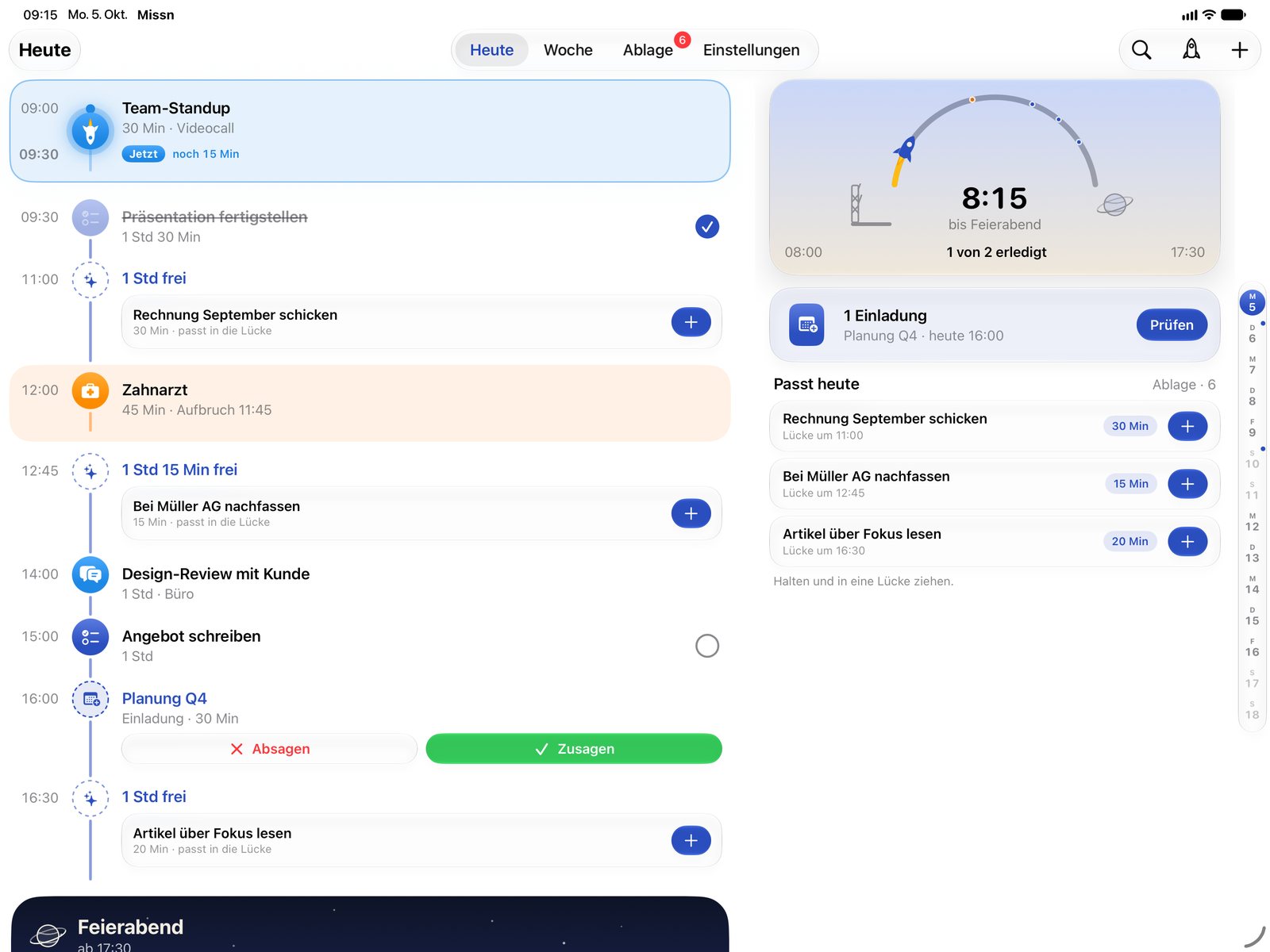 Missn auf dem iPad: links die Zeitachse mit dem laufenden Termin, rechts das Cockpit mit dem Bogen bis Feierabend und den passenden Aufgaben