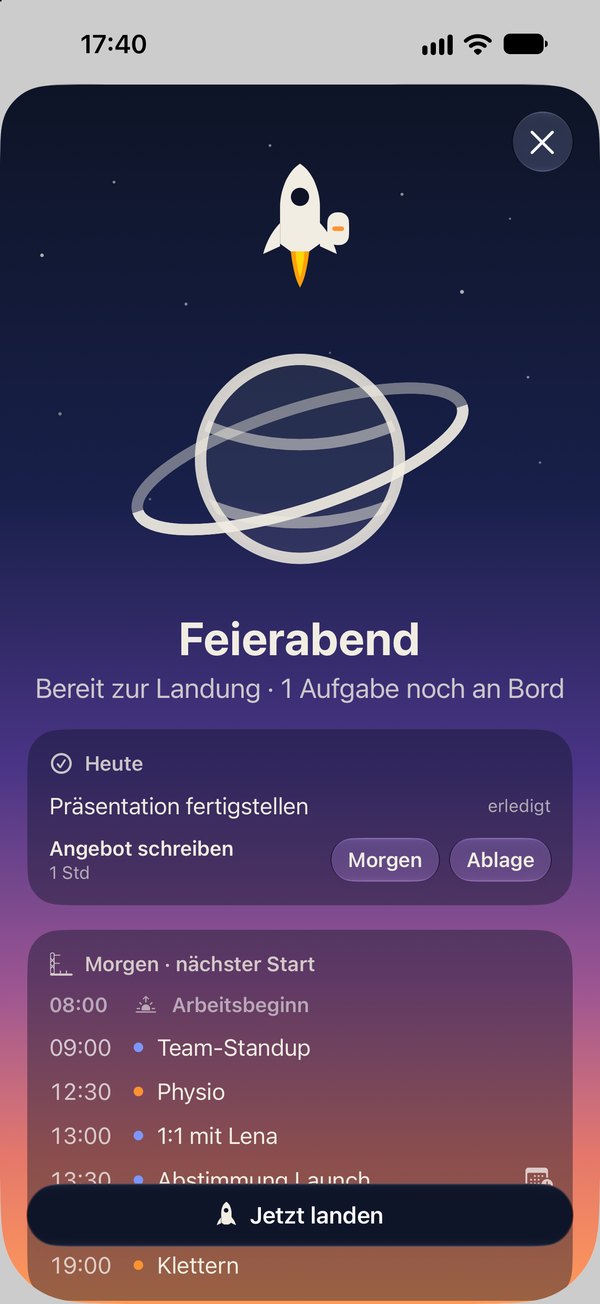 Feierabend: die Rakete landet auf dem Planeten, eine offene Aufgabe fliegt als Fracht mit