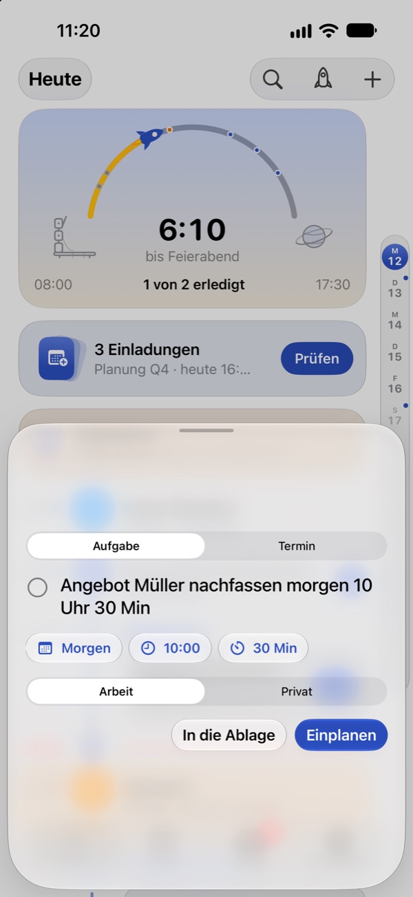 Neue Aufgabe in Missn: „Angebot Müller nachfassen morgen 10 Uhr 30 Min“, erkannt als Aufgabe mit Datum, Uhrzeit und Dauer