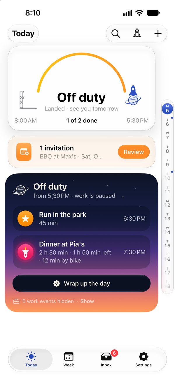 Today after hours: work is paused, only personal events are shown