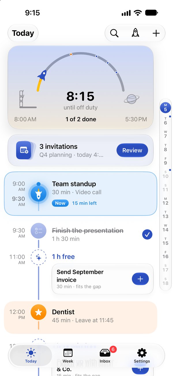 Missn on iPhone: Today with the flight path to the end of work, events and a task in a free gap