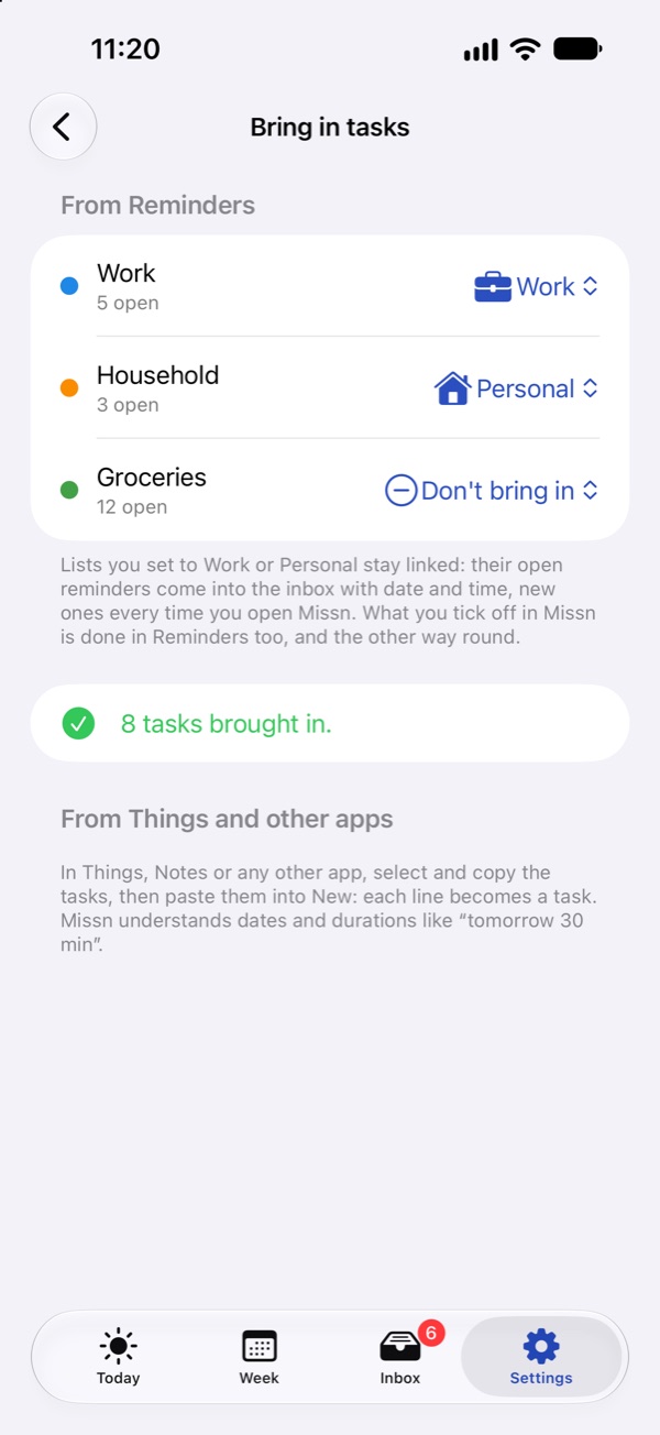 Bringing tasks into Missn: lists from Apple Reminders get the role work or private