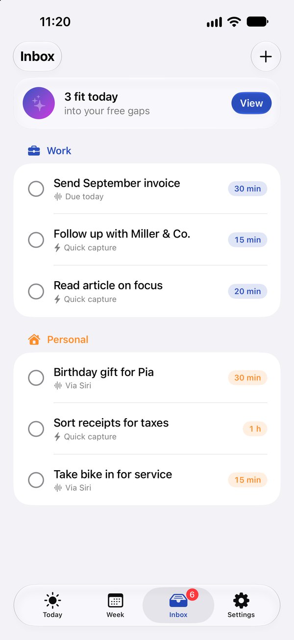 The inbox with work and personal tasks