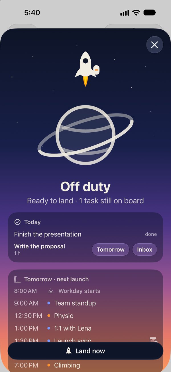 Off duty: the rocket lands on the planet, an open task rides along as cargo