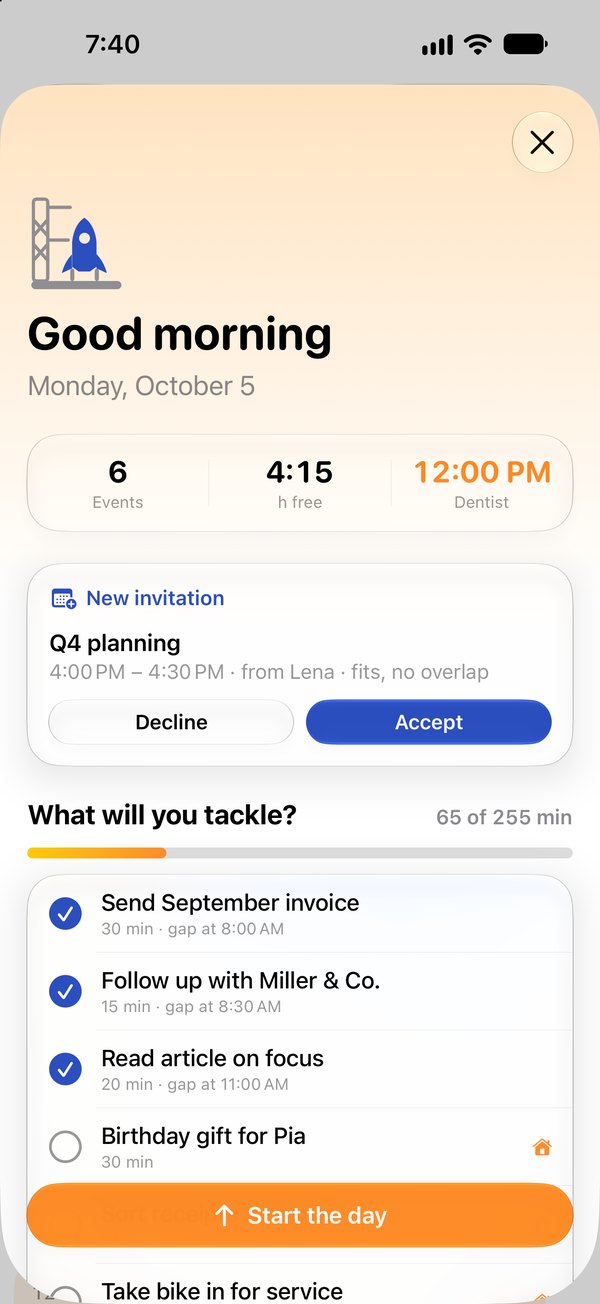 The morning plan: events, free hours and today's tasks